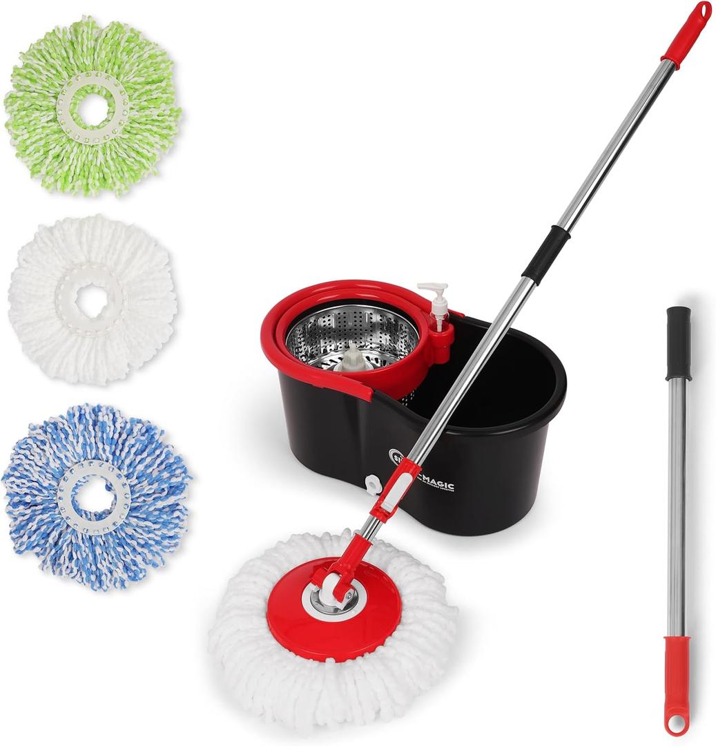 Simpli-Magic Spin Mop and Bucket with Wringer Set, 360 Spinning Mop Bucket System with 3 Microfiber Mop Replacement Heads and Stainless Steel Adjustable Handle for Floor Cleaning (Black)