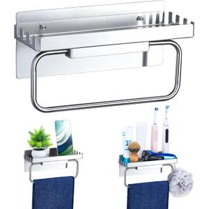Hand Towel Holder with Shelf, Metal Hand Towel Ring Wall Mount, Modern Hand Towel Hanger for Bathroom, Adhesive Towel Hanger for Bathroom Kitchen Washroom (Sliver)