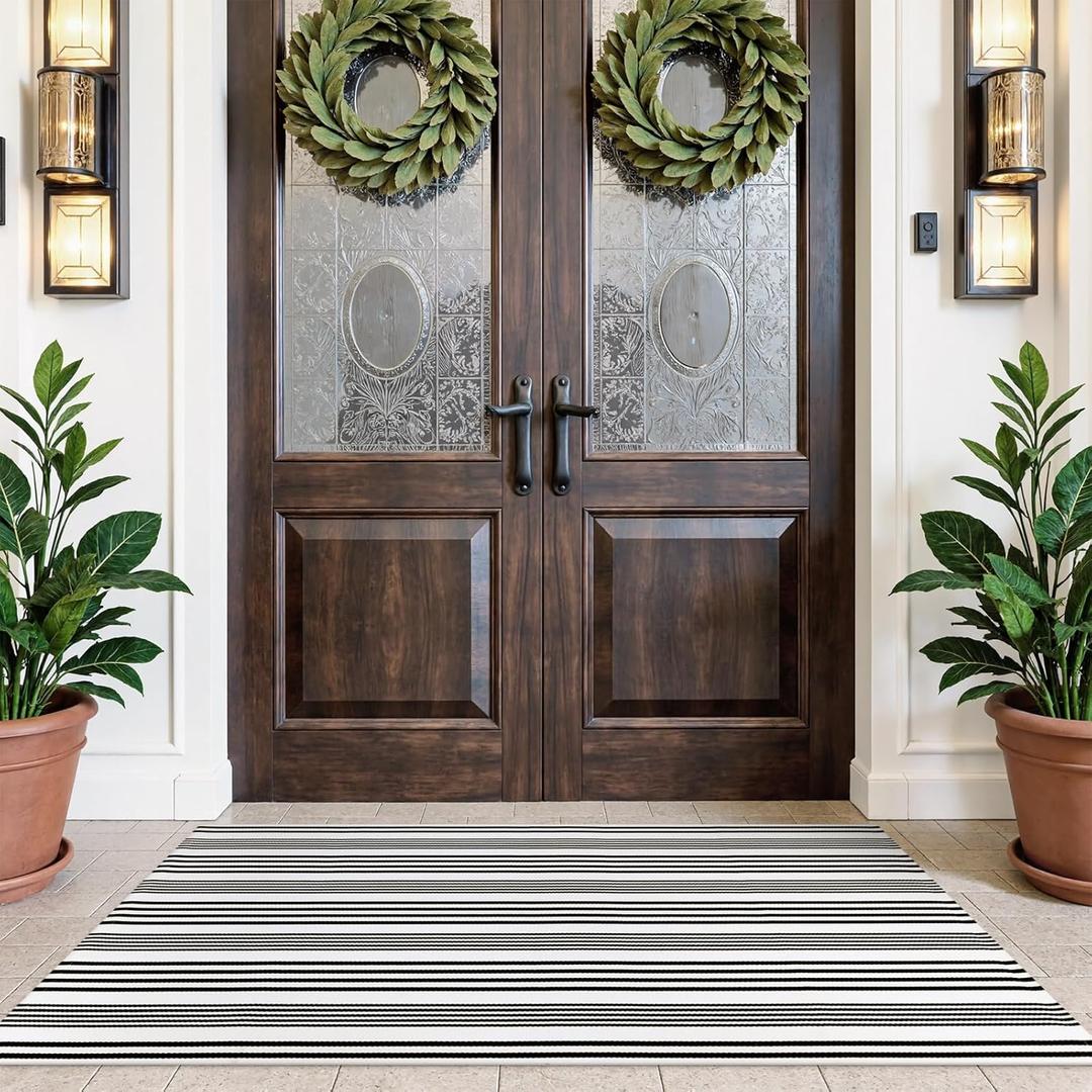 Outdoor Front Door Mat 3'x5', Black and White Cotton Hand Woven Striped Rug,Reversible Washable Front Porch Rug, Foldable Layered Doormat for Entryway/Home Entrance/Farmhouse