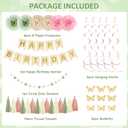 Pink and Green Birthday Decorations, Sage Green Pink Sand White Gold Balloons Happy Birthday Banner Fringe Curtains Butterfly Hanging Swirls Circle Dots Tassels Pompoms for Women Girls Party Supplie