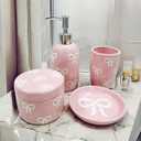 Bow Bathroom Set, 4 Pcs Ceramic Bathroom Accessory Sets - Soap Dispenser, Tumbler Toothbrush Holder, Vanity Soap Tray, Cotton Swab Jars - Pink Bathroom Decor Gift for Her (Pink)