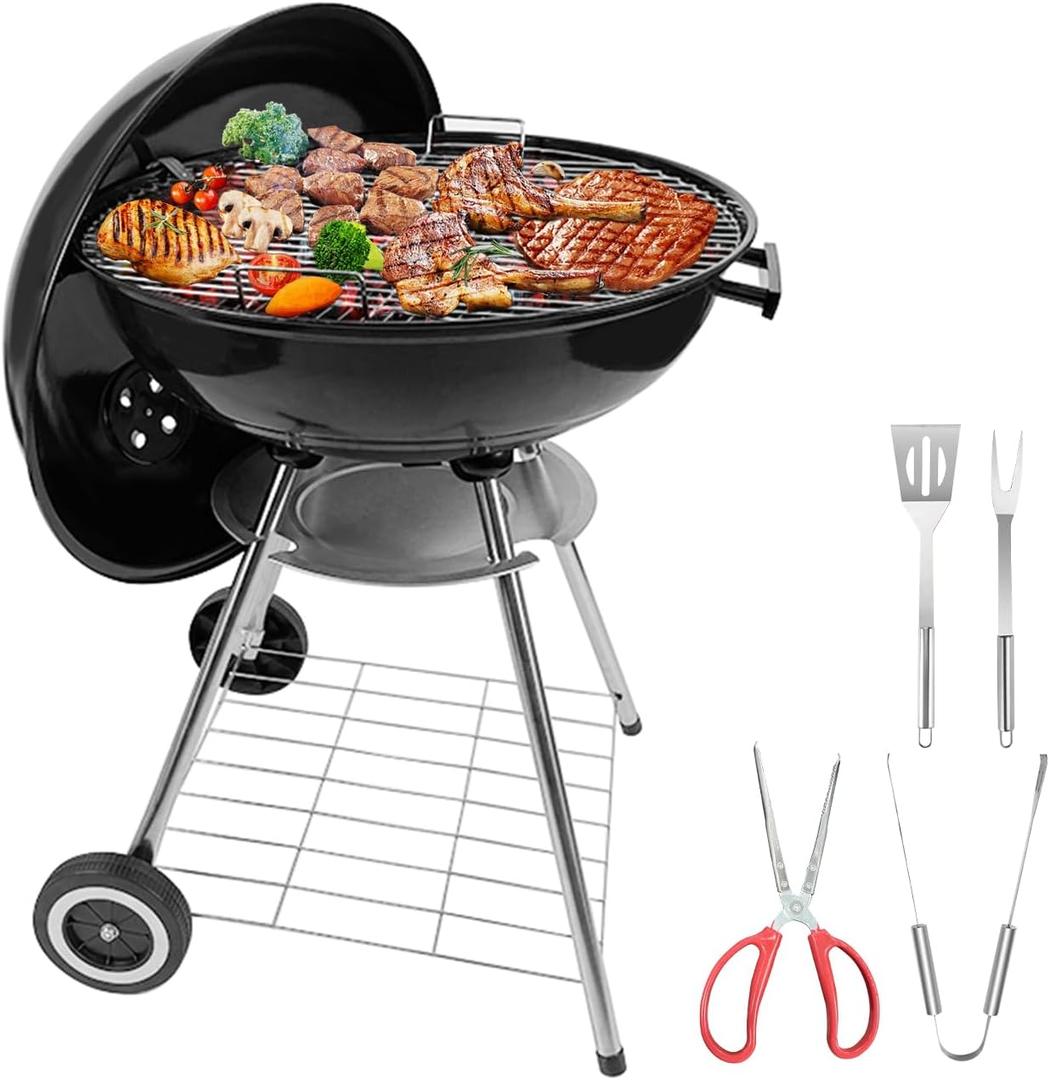 Portable charcoal grill -22 inch water kettle grill with handle, including lid and grill mesh, paired with barbecue tools, suitable for backyard, camping, picnicking, and gatherings (large)