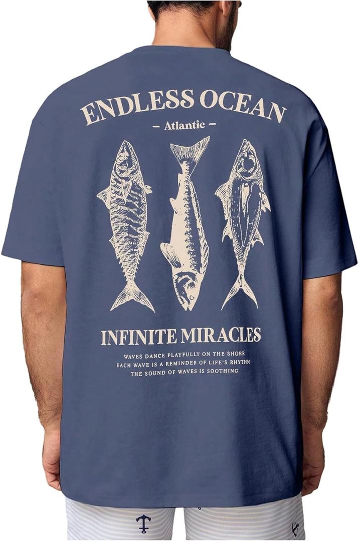 Men's Vintage Letter Graphic Tees Short Sleeve Crew Neck Casual Summer T Shirts (Medium, Blue)