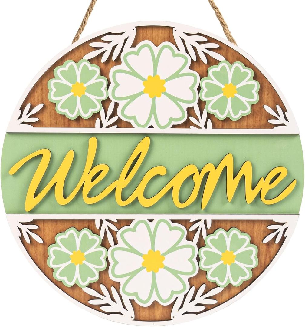 3D Spring Welcome Sign for Front Door, 11.8" Wooden Spring Floral Door Hanger, Outdoor Indoor Flower Wreath Wall Hanging House Decor, Green Yellow March Seasonal Front Porch Home Decorations