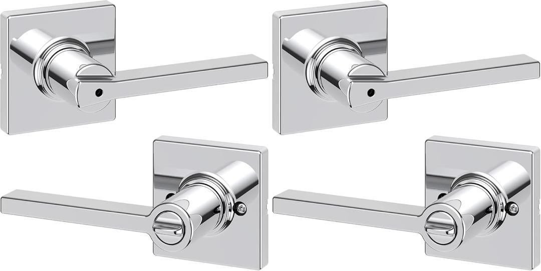 Kwikset Casey Interior Privacy Door Handle with Lock, Door Lever for Bathroom and Bedroom, Polished Chrome Reversible Keyless Turn Lock (Pack of 2)