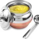 KSJONE Copper Coated Stainless Steel Ghee Pot with Spoon | Ghee Container for Kitchen | Premium Oil Container with Lid for Pooja Items, 200 ML