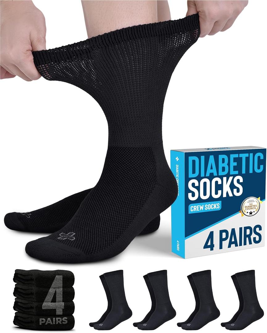 Doctor's Select Diabetic Socks - 4 Pairs Neuropathy Socks for Men & Women (Large)