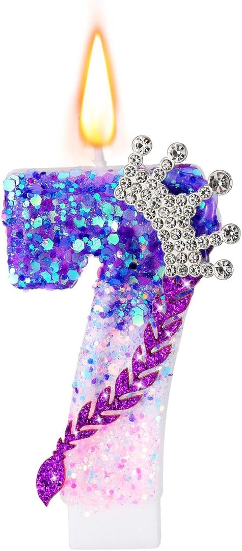 Sumind Kpop Birthday Number Candles, Purple Pink Birthday Candles for Cake, Glitter Number Cake Topper with Sequins for Celebrating Anniversary Theme Decorations(Braid Crown,7)