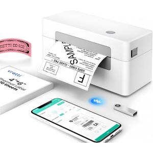 vretti Bluetooth Shipping Label Printer - 4x6 Thermal Printer for Shipping Packages and Small Businesses, Label Printer Supports Android/iPhone/Windows, Compatible with Shopify, Ebay, USPS, Amazon (White Gray)
