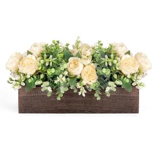 Dahey Centerpiece Table Decorations for Dining Room Farmhouse Table Centerpieces Decor Wood Tray with 3 Artificial Flowers and 2 Eucalyptus for Living Room Kitchen Table, 14.1" x 4.7" x 3.1"