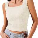 Womens Crop Floral Tank Top Square Neck Wide Straps Cropped Tank Tops Slim Fit Lettuce Trim Boho Summer Tops (Medium, Beige)