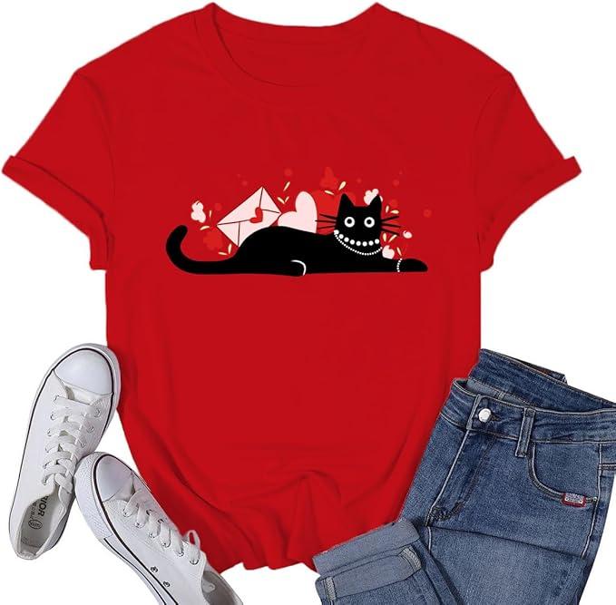 VQD Women's Valentine's Day Shirt Cat Valentine Black Cat T-Shirts Love Heart Lover Girlfriend Tee Tops, M