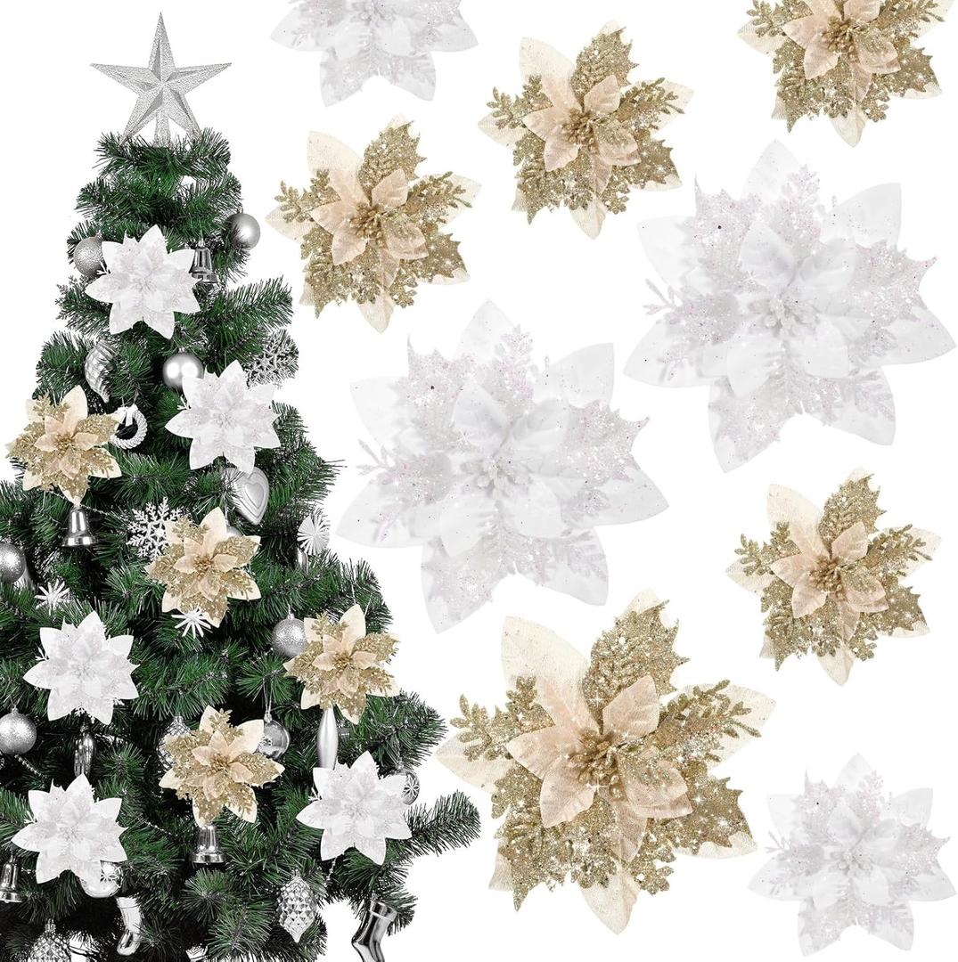 Yunsailing 30 Pcs Poinsettia Christmas Artificial Glitter Flower Xmas Flower Poinsettia for Xmas Christmas Tree Craft Decor (Champaign Gold, Silvery White)