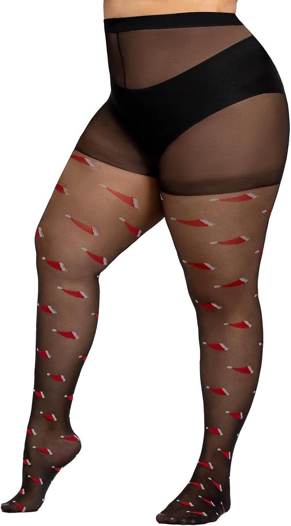WiliW Christmas Pantyhose for Women Plus Size, Christmas Patterned Tights, High Waist Control Top Sheer Pantyhose (Black)