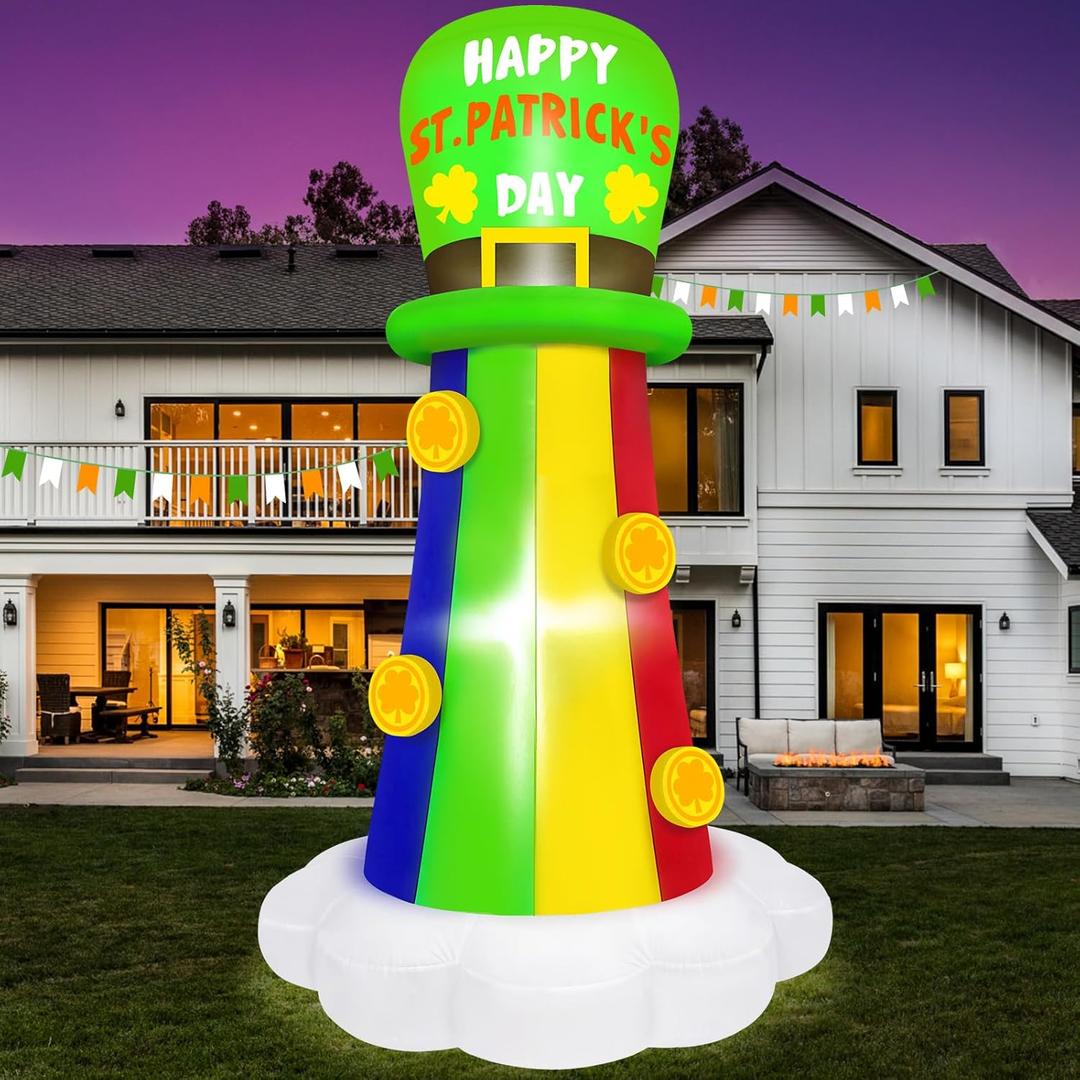 MICOCAH 6FT St Patricks Day Inflatables Outdoor Decorations Blow Up Shamrock Rainbow Hat with Gold Coins Yard Decorations Built-in LED Light for St. Patrick's Holiday Party Yard Garden Decor
