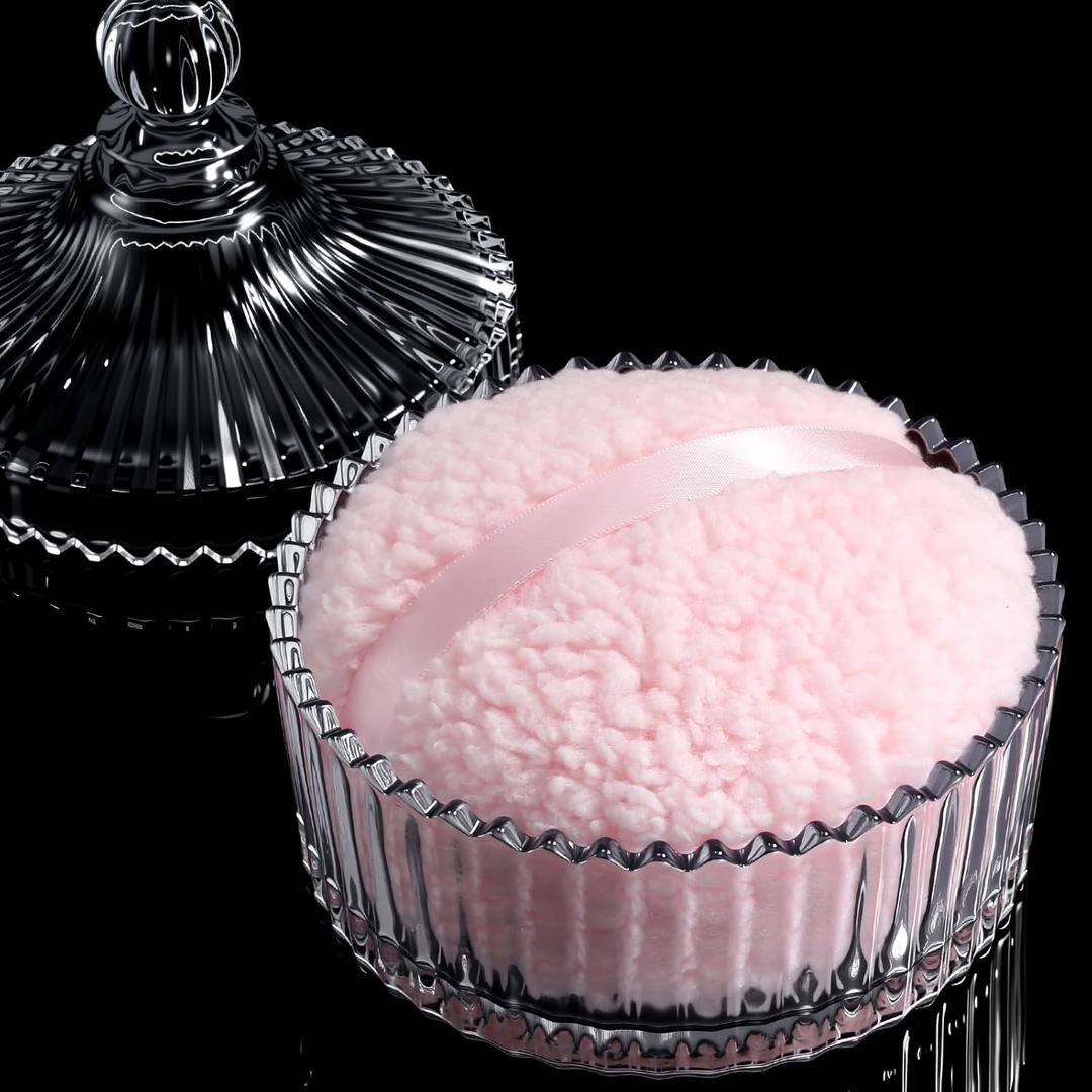 WSYUB Powder Puff and Container, Large Dusting Powder Puff and Container, 5.5 Inch Glass Container with Body Powder Puff, Glass Powder Jar