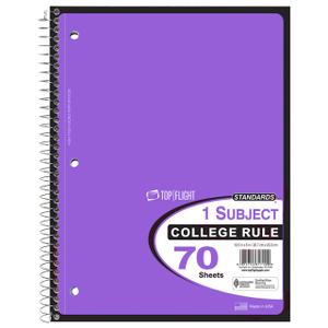 Top Flight One Subject College Rule Spiral Notebook 70 Sheets 10.5" X 8" Color Vary - 2 Packs
