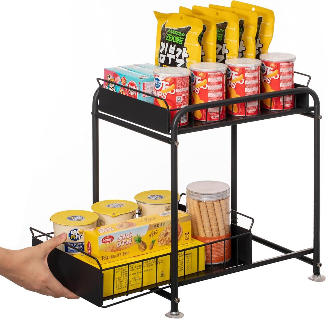Basicwise Under Sink Organizer Sliding Wire Baskets Adjustable 2-Tier Metal Storage Rack for Bathroom Kitchen or Utility Cabinets Pull-Out Shelf for Toiletries Cleaning Supplies & Pantry Essentials