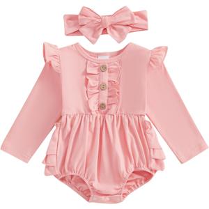 Newborn Baby Girl Outfit Ruffle Bubble Romper Long Sleeve Infant Bodysuit Jumpsuit with Headband Clothes (Pink)
