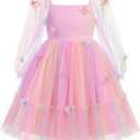 Kids Girls Birthday Party Long Sleeve Star Glitters Tulle Tutu Dress 3D Butterfly Star Sequins Ruffle Dress 7-8Y