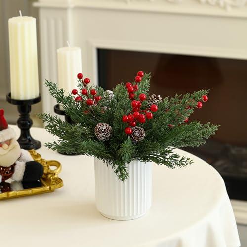 HOMCDALY Christmas Artificial Pine Branches with Red Berry and Pinecone for Tabletop Christmas Decorations, Fake Plants with Ceramic Pot, Small Chritstmas Tree for Home Décor, Christmas Decor Indoor