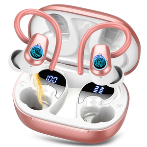 Poounur Ear Hook Sport Earbuds, Bluetooth Headphones with Mic, IPX5 Waterproof, 80H Playtime, Deep Bass, Secure Fit for Running Gym Workout - Pink