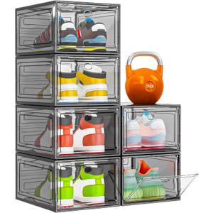 Thicken & Sturdy Clear Shoe Storage Organizer with Magnetic Door, Stackable Boxes for Closet, Foldable Shoe Rack for Sneaker Boot Container, Plastic Shoe Cabinet Shoe Box 6 Pack, Black
