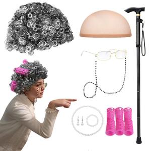 Santoy Old Grandma Wig Costume Set for Women and Girls - Perfect for 100th Day of School, Halloween Cosplay, Includes Lady Granny Gray Wig, Cane and Other Accessories for Adults and Kids