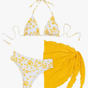 SHENHE Women's 3 Piece Floral Bikini Set with Wrap Coverup Halter Triangle Swimsuits L