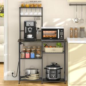 Bakers Rack with Power Outlet, Kitchen Microwave Stand with 10 S-Shaped Hooks, 6-Tier Coffee Bar Station, Kitchen Storage Shelf Rack for Spices, Pots, Gray (Grey)