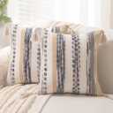 Boho Throw Pillow Covers 18x18 Set of 2 Woven Tufted Farmhouse Pillows Cover with Tassels Textured Striped Cushion Case Neutral Pillow Cases Decorative Pillowcase for Sofa Couch Bed,Grey