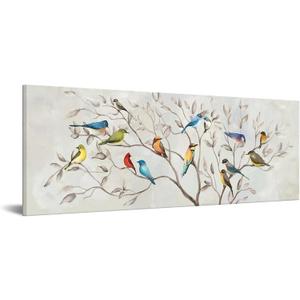 KREATIVE ARTS Spring Flowers Canvas Wall Art Birds on Tree Branches Picture Giclee Prints Grey Oil Paintings Reproduction for Bedroom Ready to Hang 20x55inch