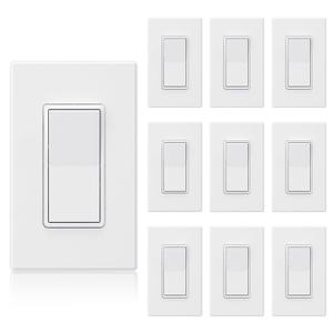 ELEGRP Matte White Single Pole Decorator Light Switch 15Amp, 120-277V, Paddle Rocker Replacement, On/Off Wall Switch, Self-Grounding, Residential Grade, w/Wall Plate, UL/CUL (10 Pack)