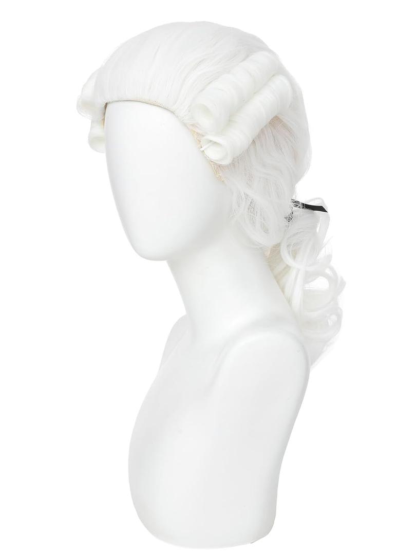 Colonial Judge Wig - 18th Century Historical Costume Wig for Men Women, Curly Lawyer Wig with Ribbon, Perfect for Halloween, Cosplay, School Plays & Historical Reenactments (White)