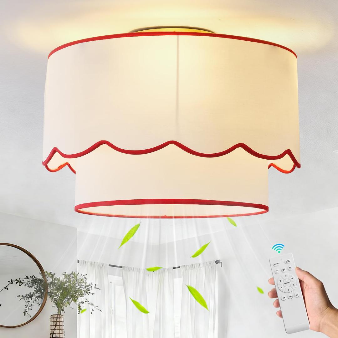 Flush Mount Ceiling Fan with Light, 18" Red Low Profile Boho Ceiling Fans with Lights Remote Control, Drum Caged Fabric with 6 Speeds for Bedroom,Nursery,Living Room