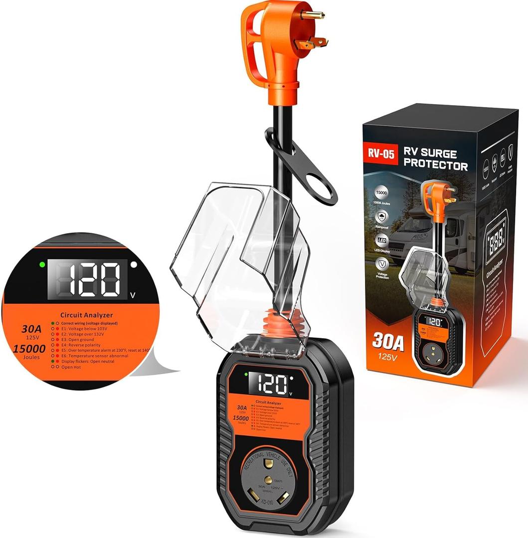 15,000J RV Surge Protector 30 Amp with LED Display, 30 Amp RV Surge Protector with Voltage Monitoring, Clear Error Codes, Comprehensive Detection, IP68 Waterproof Cover (Orange)