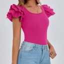 PRETTYGARDEN Women's Ruffle Short Sleeve Shirts 2025 Summer Casual Basic Tee Cute Fitted Crew Neck Fashion Tops Clothes (Red, S)