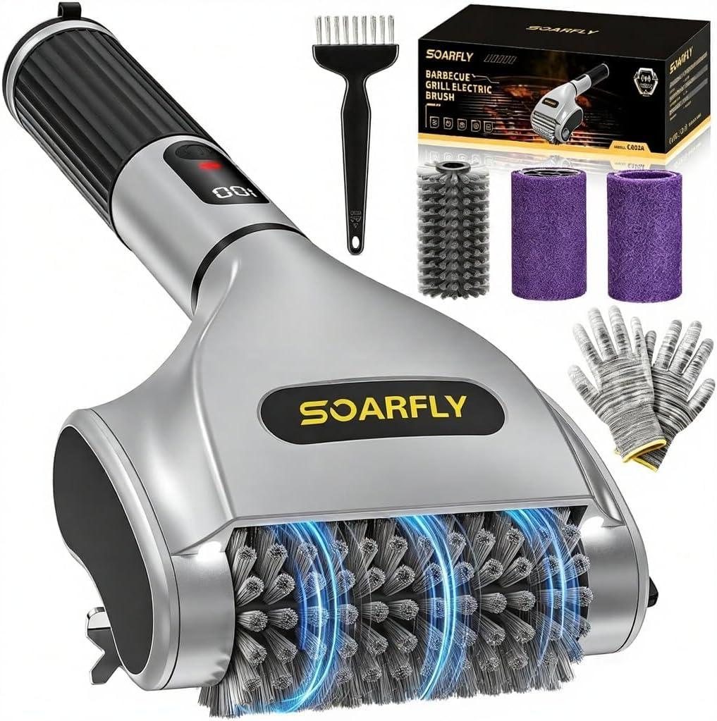 SOARFLY Electric BBQ Grill Brush, 800RPM Grill Cleaner for Outdoor Grill with 2-Speed & 20kg TorqueLast 3.5H, Dual LED Light for Night, No Bristle Drop Safe for Cast Iron Stainless, Gifts for Men Dad