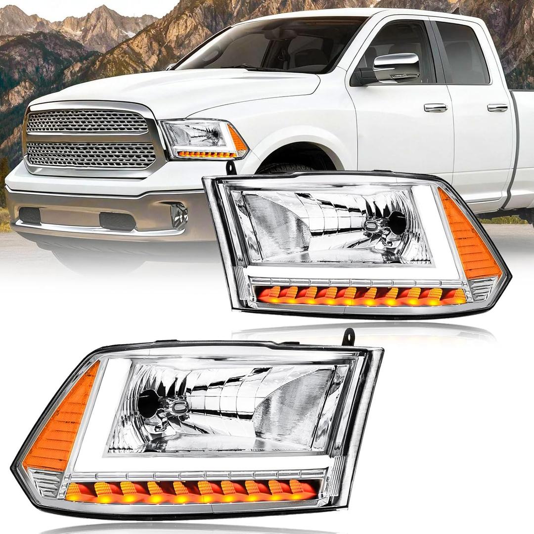 LED DRL Headlight Assembly,Fit 2009-2018 Dodge Ram 1500/10-18 Ram 2500 3500 4500 5500(Only fit factory dual beam halogen headlights, Additional H4 bulb required) Chrome Housing Amber Reflector