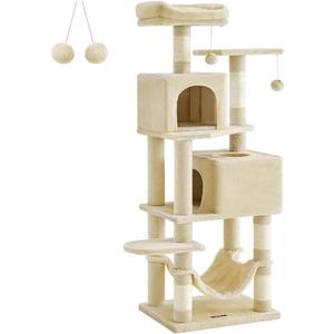 Feandrea Cat Tree, 61-Inch Cat Tower for Indoor Cats, Plush Multi-Level Cat Condo with 5 Scratching Posts, 2 Perches, 2 Caves, Hammock, 2 Pompoms, Beige UPCT192M01