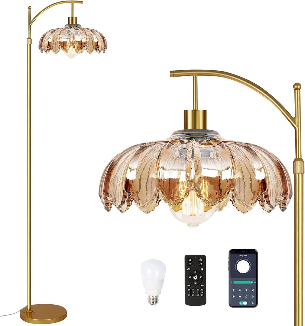 Arc Floor Lamp for Living Room Gold Floor Lamp with Remote Control,Dimmable Floor Lamps With Glass Lampshades,Mid Century Modern Standing Lamp Tall Vintage Flower Floor Lamps for Bedroom,Corner (9.8inch)