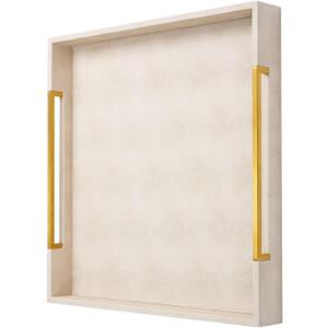 Sagala 20"x20" Extra Large Ottoman Tray with Gold Handles, Ivory Shagreen Leather Decorative Tray for Coffee Table Large Serving Tray for Dinner, Breakfast, Party, Bar (Ivory-Gold, Square 20")