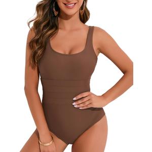 One Piece Swimsuit for Women Tummy Control Bathing Suits Scoop Neck Square Back Swimwear (XX-Large, Brown)