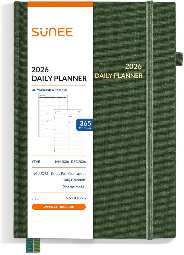 SUNEE 2026 Planner - Daily Planner 2026 for Productivity | Weekly & Monthly Goal Achievement System with One Page Per Day Layout, A5 Hardcover (5.6" x 8.4"), January to December 2026,Dark Green