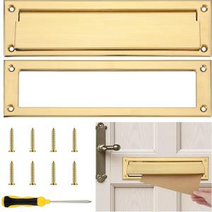 1 Pack Solid Brushed Mail Slot with Solid Interior Frame Set 13" x 3.7" Door Mail Slot Catcher Mailbox Door Replacement for Wall(Gold,Brass)