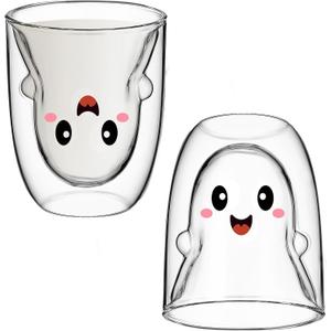 Honeydak Halloween Ghost Glass Coffee Mug 10 oz Cute Tea Milk Cup Ghost Double Wall Glass Insulated Spooky Cup Gifts Heat Resistant for Hot Cocoa Milk Halloween Party Supplies(Clear,Cute)