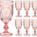 6 Pcs Plastic Goblets 7.5oz Vintage Goblet Plastic Wine Glasses Colored Retro Embossed Water Goblets for Wine Bar Juice Baby Shower Wedding Reception Grand Event Party (Pink)