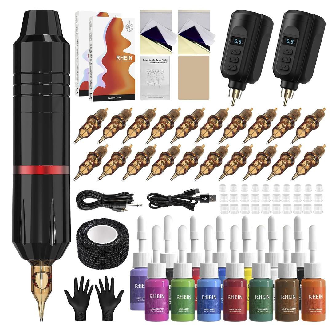 RHEIN Wireless Tattoo Pen Kit, Complete Rotary Tattoo Machine with 2 Power Supplies, 20 Cartridge Needles, 14 Tattoo Inks, Practice Skin Stencil Transfer Paper for Beginners and Artists RNP28KIT-1