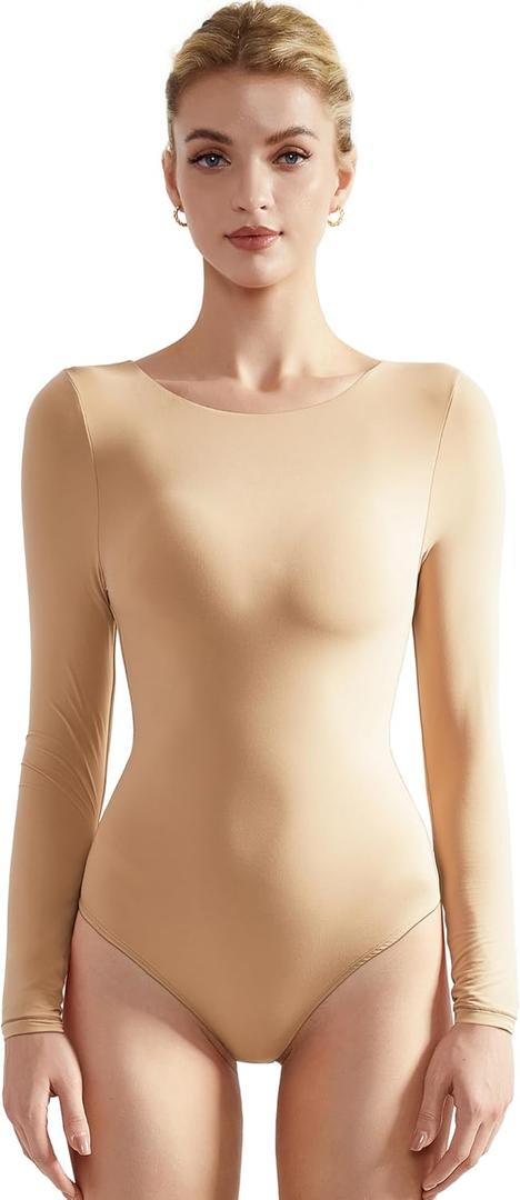 SUUKSESS Women Crew Neck Long Sleeve Bodysuit Sexy Thong Bodysuit Shirts (Medium, 01 Nude)