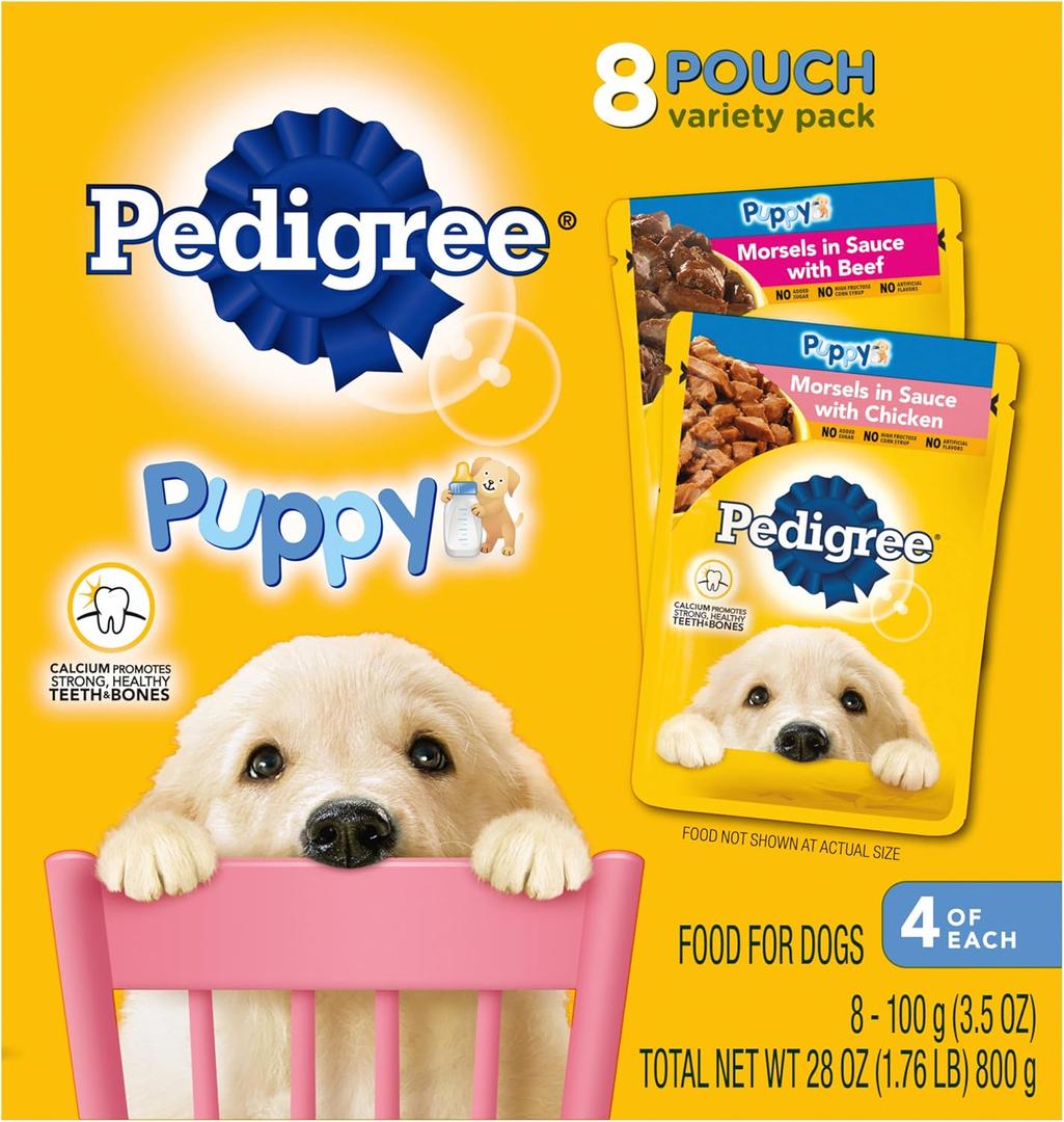 Pedigree Puppy Soft Wet Dog Food 8-Count Variety Pack, 3.5 Oz Pouches, 8 Count (Pack of 1)